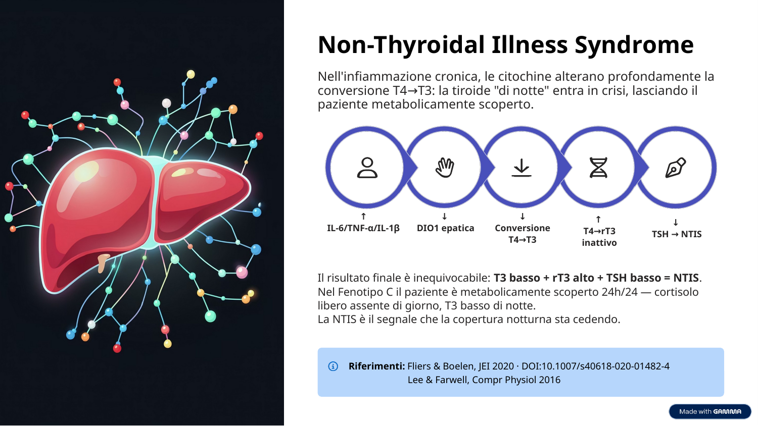 Schema della Non-Thyroidal Illness Syndrome: le citochine riducono la conversione di T4 in T3